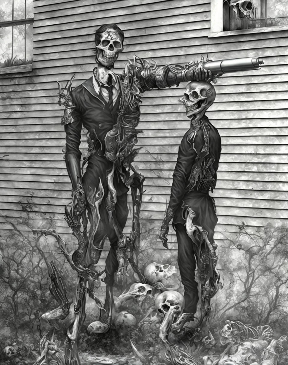 Skeletal figures in tattered suits with organic gun among bones