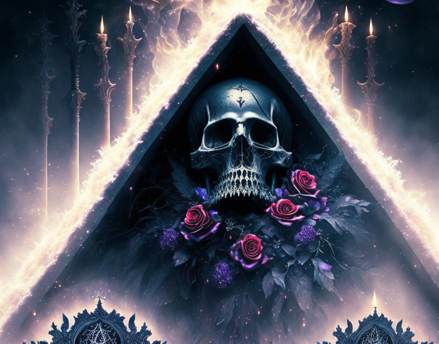 Skull and flowers in triangular frame with candle lights and ornate patterns