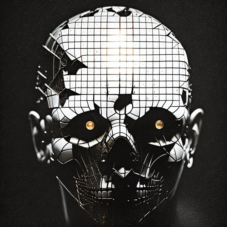 Fragmented Digital Skull with Glowing Eyes on Dark Background: Cybernetic Futuristic Concept