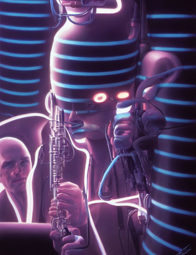 Futuristic illustration of humanoid robot playing saxophone with glowing red eyes