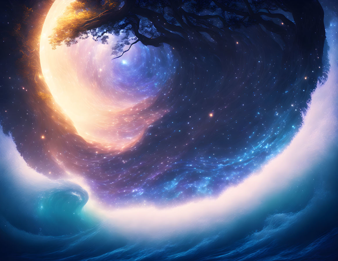 Vibrant blues and purples in cosmic whirlpool with star-filled sky and tree silhouette