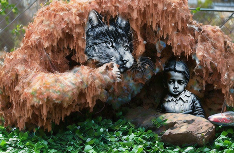 Surreal artwork: child and large cat in overgrown space