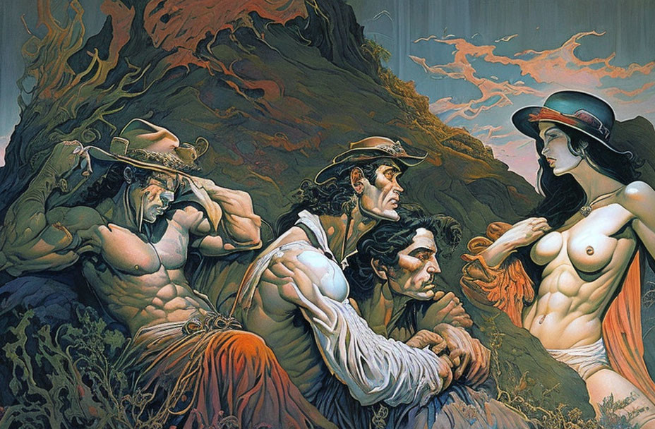 Fantasy artwork featuring three muscular men, a partially nude woman, fiery skies, and rugged terrain.