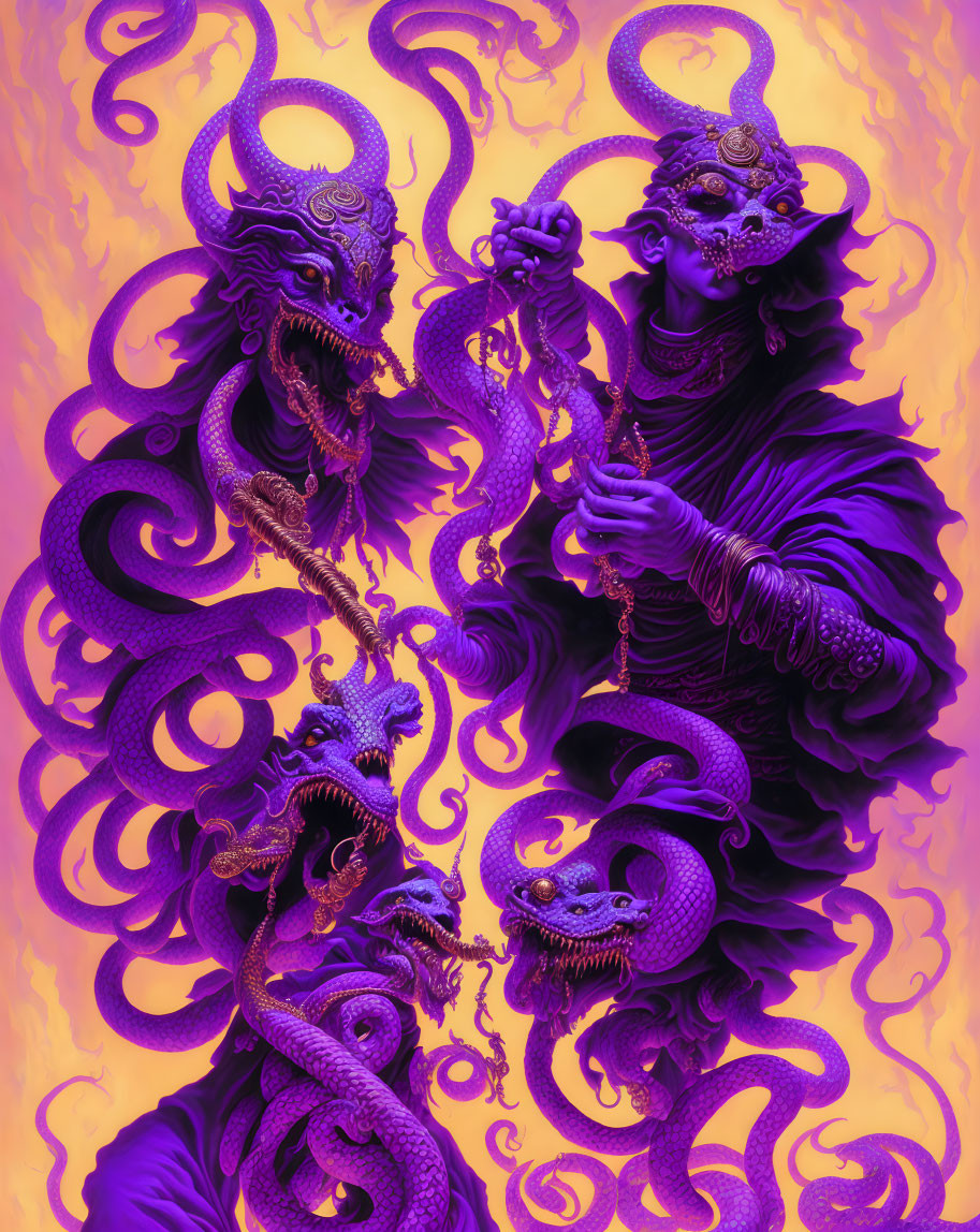 Purple Dragon-like Creatures with Robed Figure on Glowing Orange Background