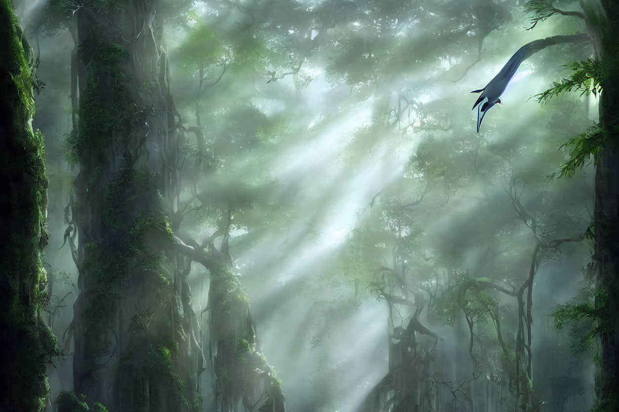 Mystical forest with moss-covered trees, sunlight beams, and flying bird