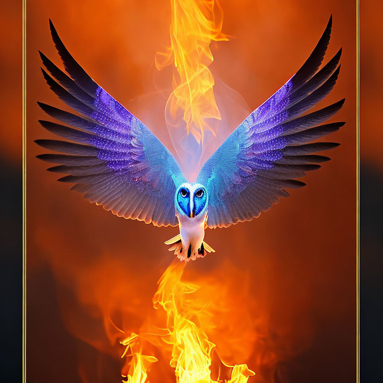 Colorful owl with outstretched wings flying over orange flames