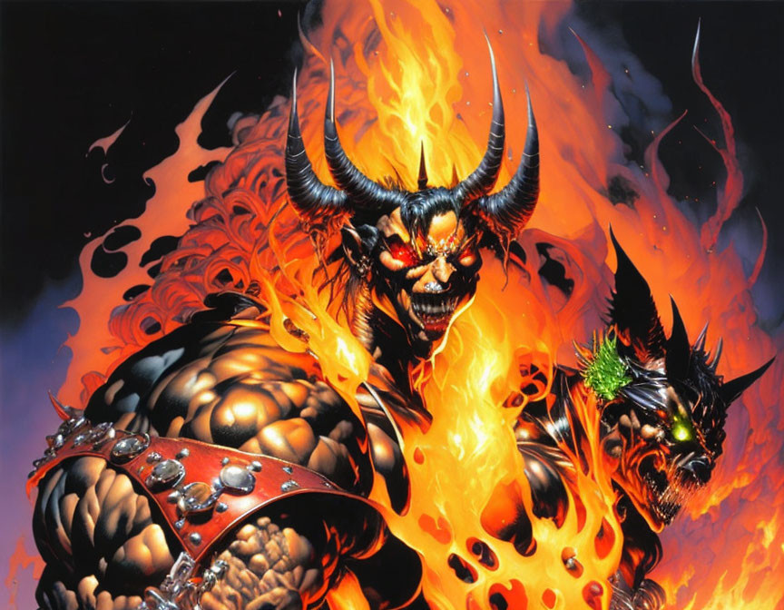 Muscular demon with horns and glowing eyes next to fiery beast