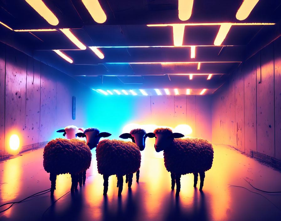 Futuristic neon-lit corridor with sheep in ambient lighting