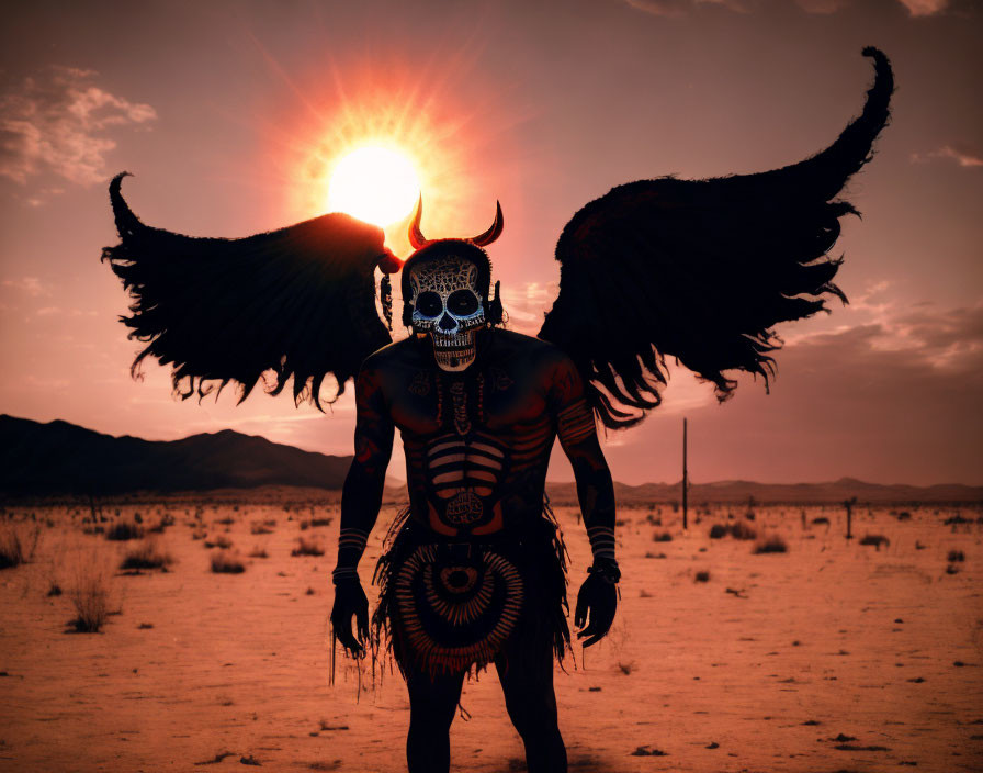 Skull makeup person with black wings in desert sunset silhouette