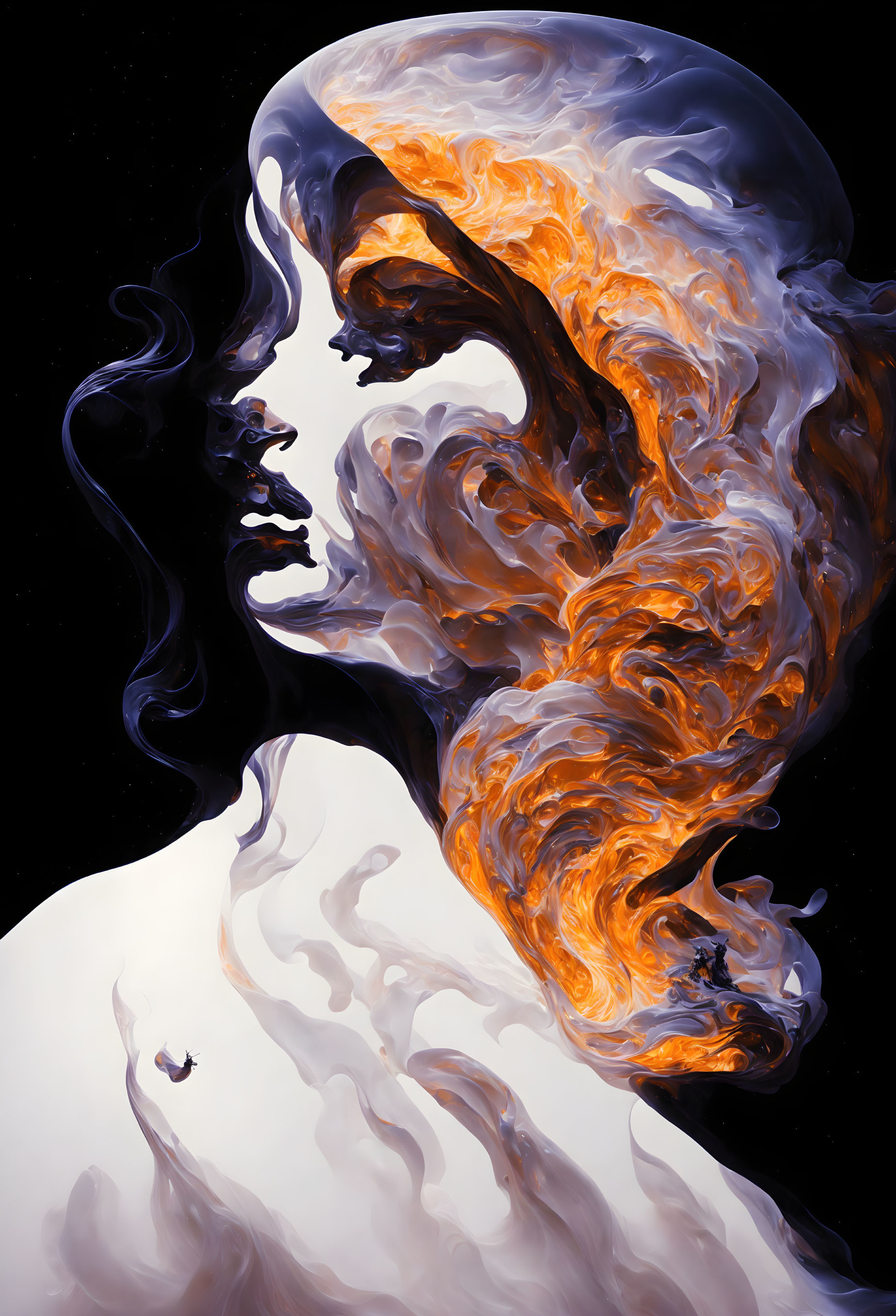 Surreal artwork: Woman's profile merges with flames on starry backdrop