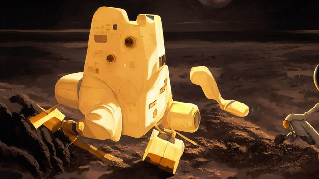 Yellow and White Humanoid Robot Kneeling on Rocky Lunar Terrain