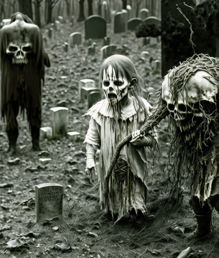 Three people in haunting costumes in a graveyard, one as a skeleton with a staff.