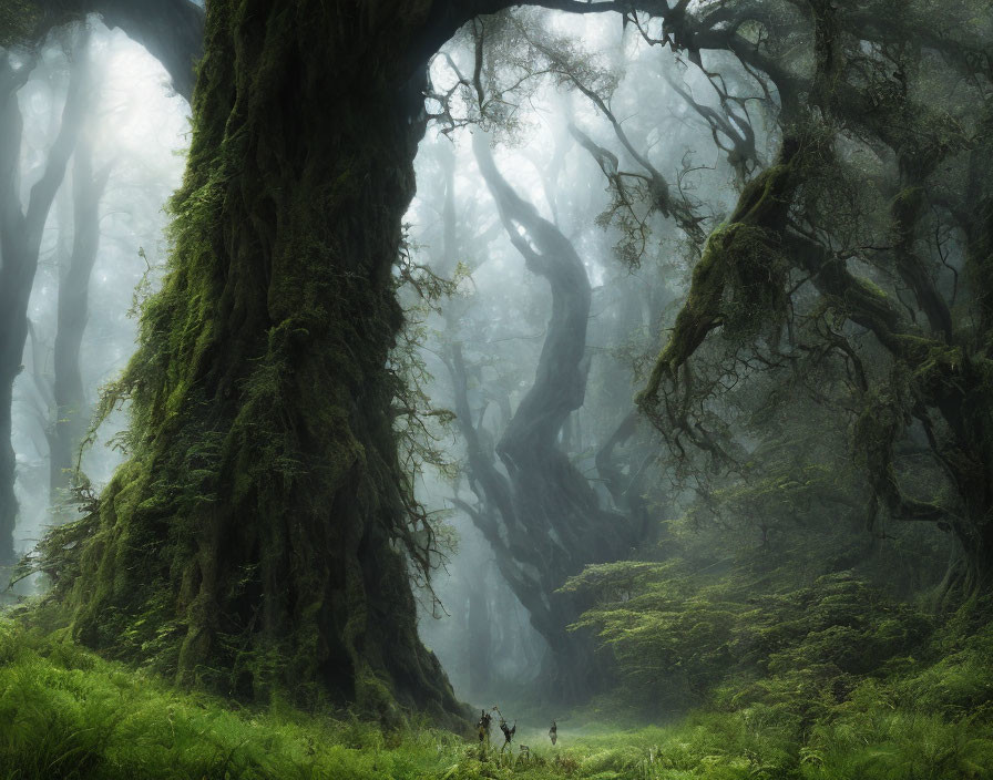 Enchanting misty forest with moss-covered trees and dense canopy