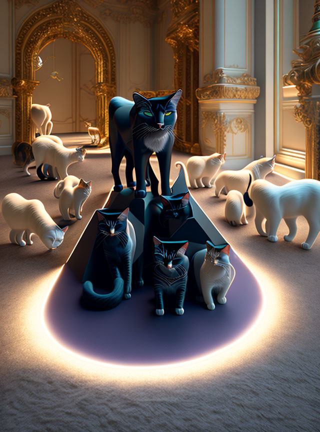 Stylized white and black cats in lavish room with standout black cat