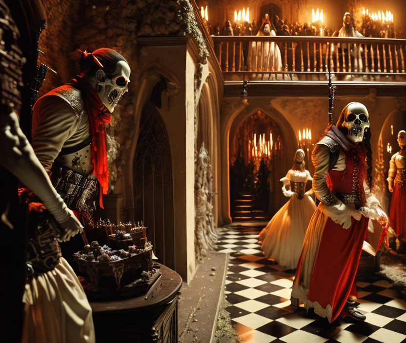 Thematic party with skull makeup guests, period costumes, checkered floor, opulent decor & dessert