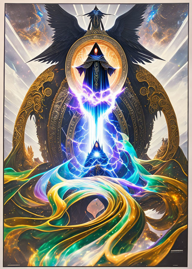 Vibrant digital art: mystical figure with wings, central eye, energy beams, swirling patterns in