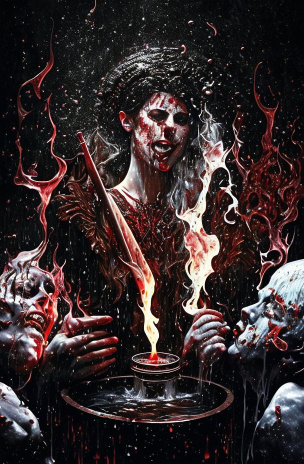Dramatic makeup surrounded by red liquid and faces