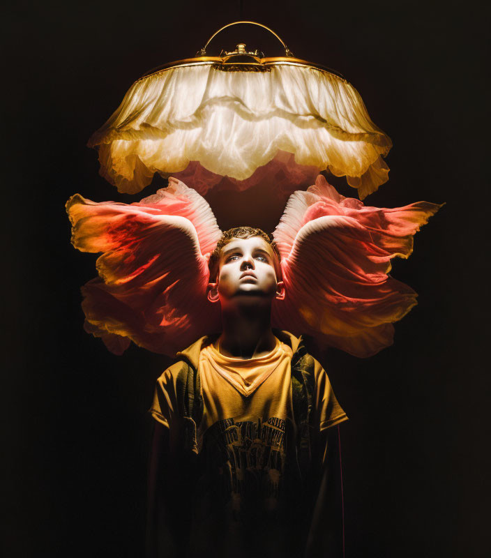 Child under lampshade with wings-like glow above.