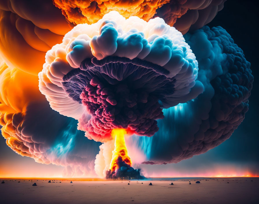 Vividly Colored Mushroom Cloud in Desert Landscape