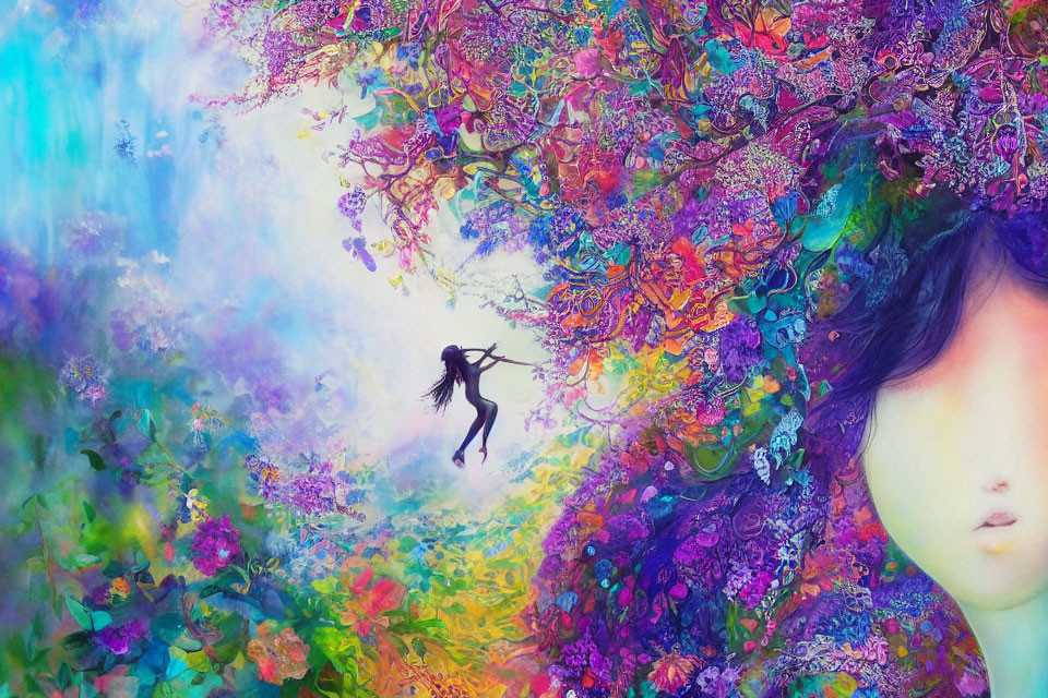 Colorful surreal artwork: woman's face, whimsical tree, dancing figure