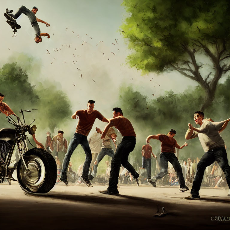 Stylized street brawl illustration with men fighting, motorcycle, and spectators