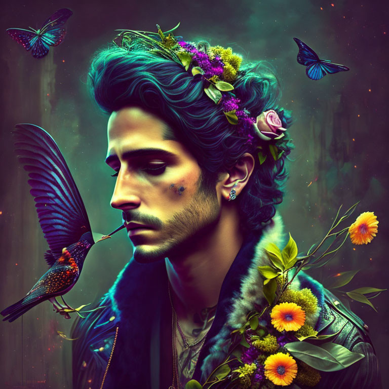 Man with Floral Crown Surrounded by Flowers, Butterflies, and Hummingbird