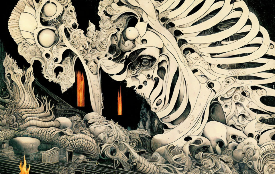 Detailed surreal black and white illustration with skeletal figures and fiery elements.