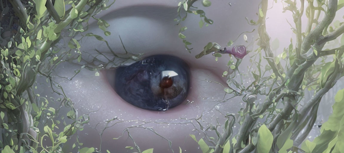 Human eye close-up with iris reflections among leaves and branches