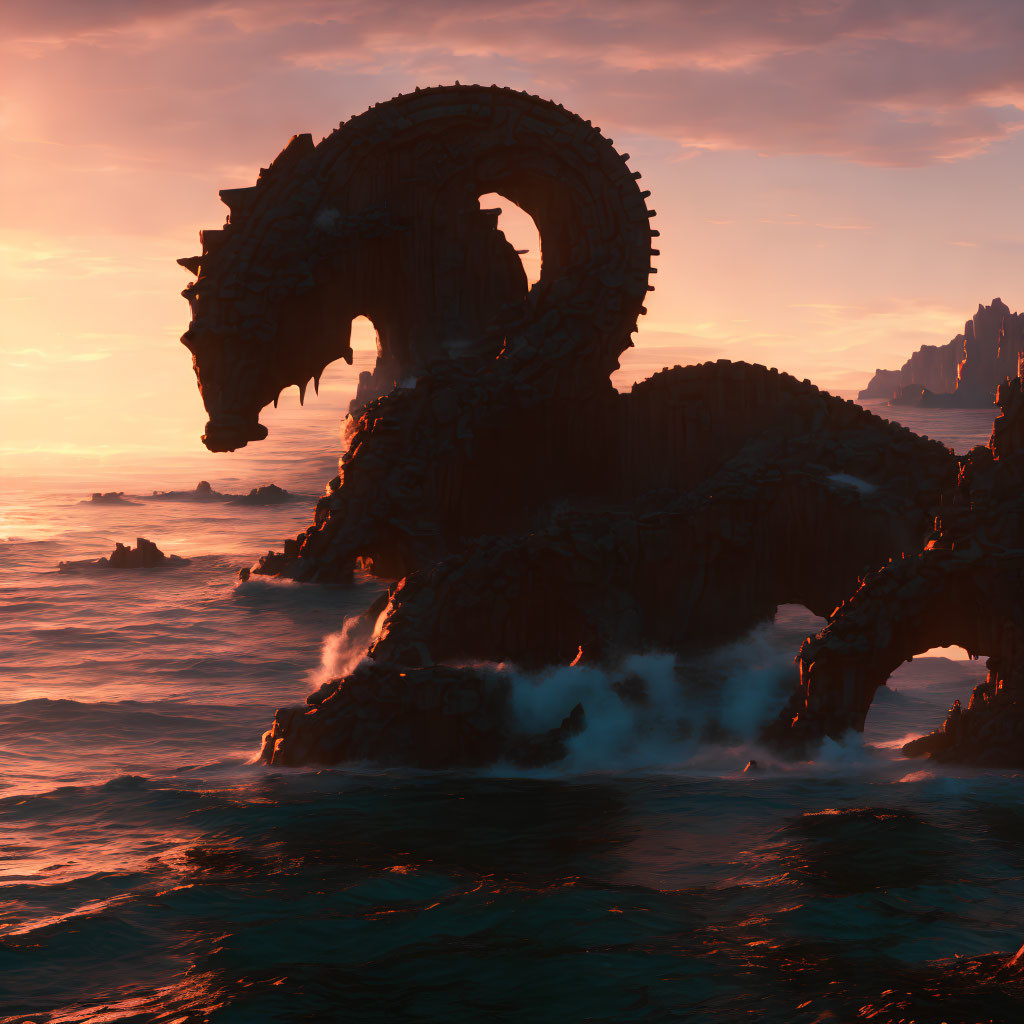 Giant Stone Dragon Emerges from Serene Sea at Sunset