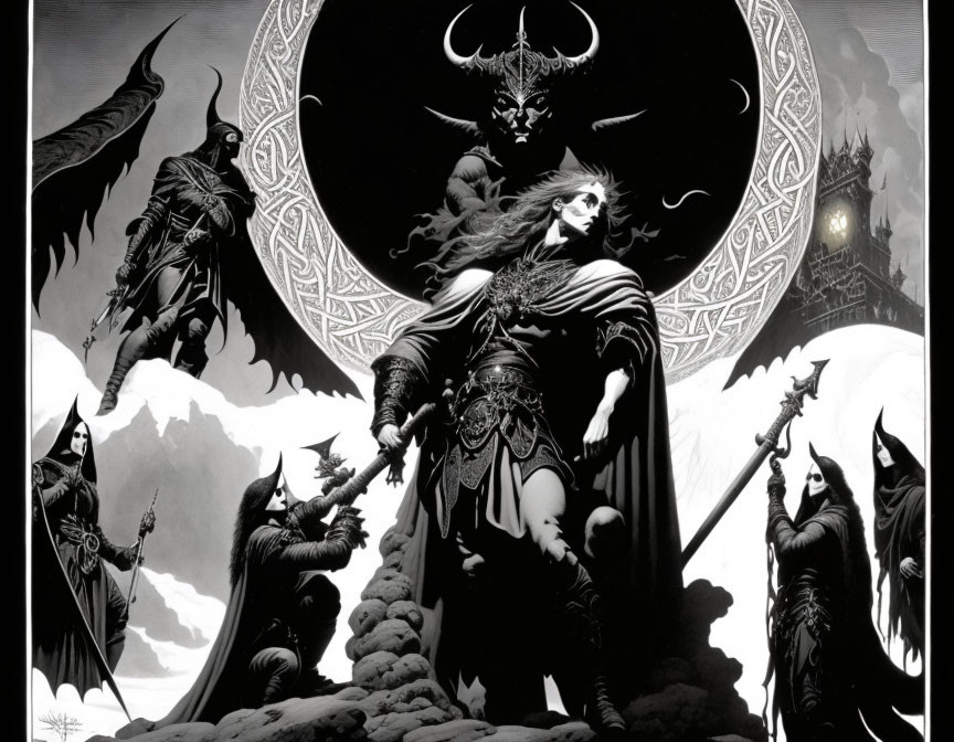 Monochrome fantasy illustration with warrior, cloaked figures, and horned moon.