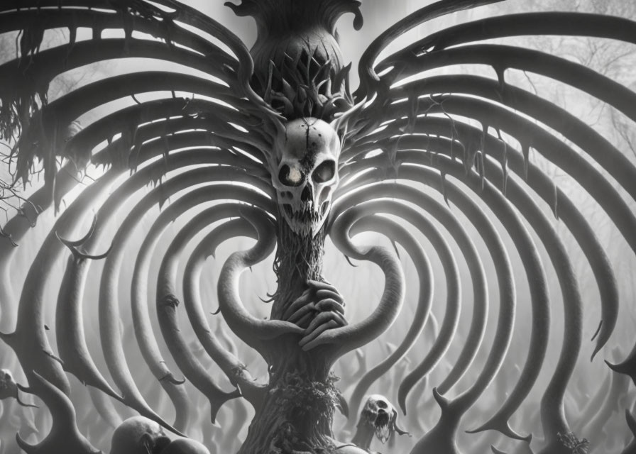 Surreal black and white illustration of a skeletal tree with swirling branches and skulls embedded throughout