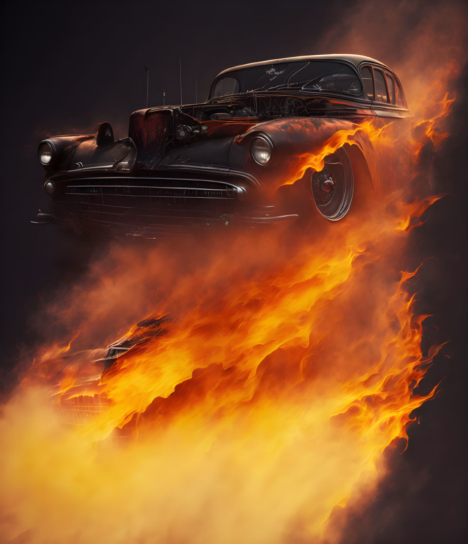 Vintage Car Engulfed in Flames on Dark Background