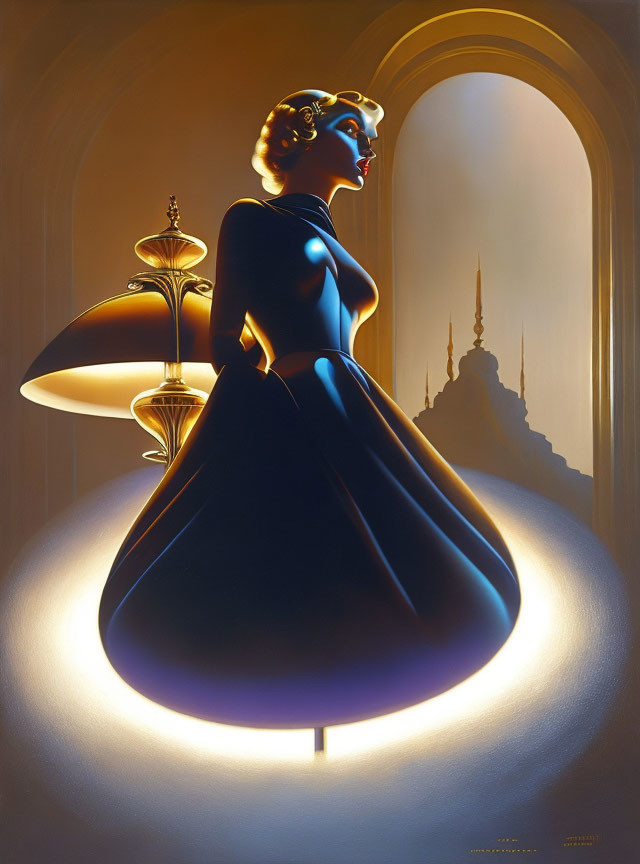 Art Deco illustration of woman in elegant dress beside lamp and castle silhouette