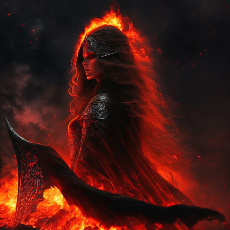 Fiery red-haired woman in ember-filled atmosphere wields ornate blade