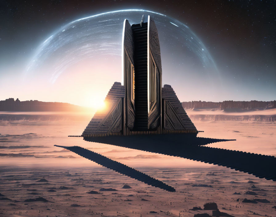 Futuristic building in desolate landscape with sunrise and ringed planet