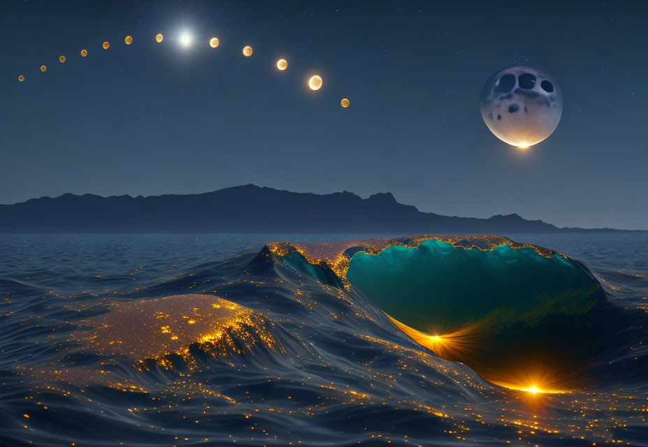 Moonlit Ocean with Bioluminescent Waves and Moon Phases in Night Sky