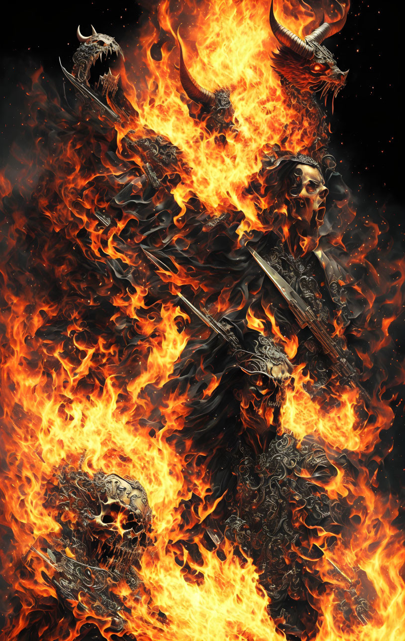 Warrior engulfed in flames with ornate sword battling fiery dragons