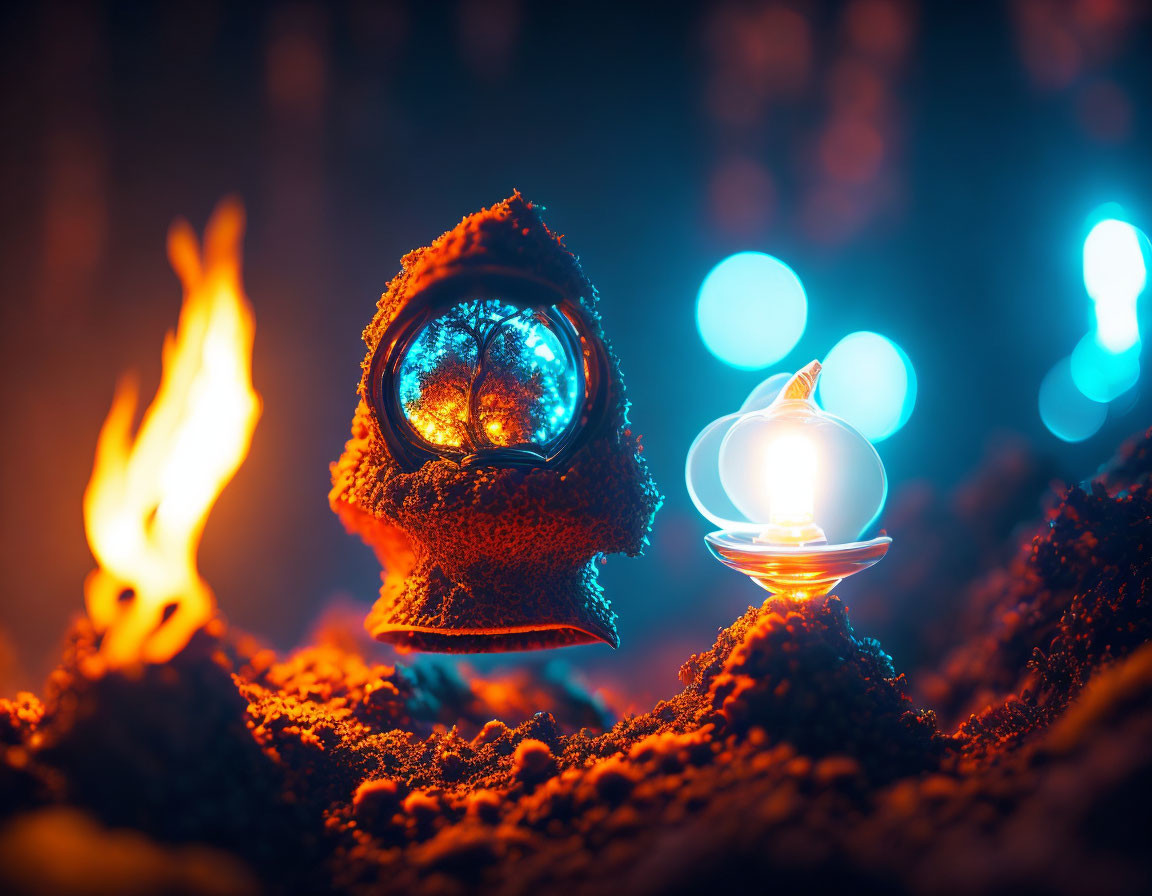 Surreal astronaut helmet figure with glowing orb in fiery and bokeh lights scene