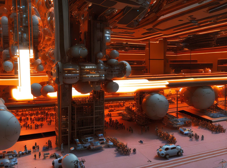 Futuristic industrial scene with glowing orange lights and bustling crowds.