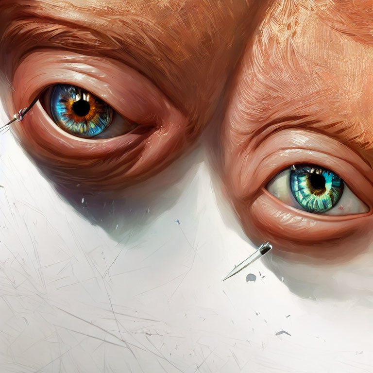 Detailed digital painting of blue eyes with brush strokes and needle-like object.