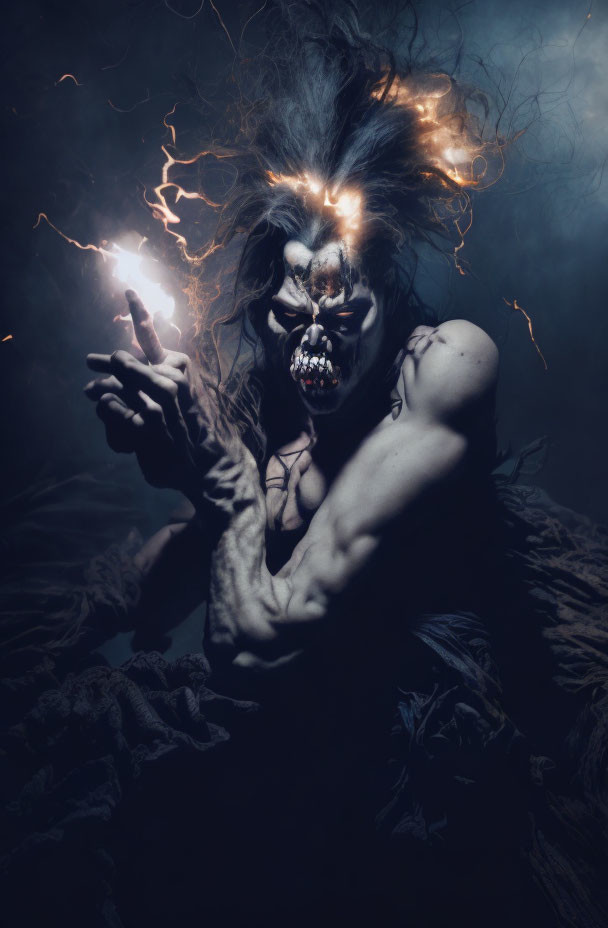 Menacing figure with demonic face paint and electricity in dark ambiance