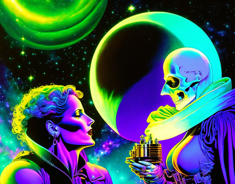 Stylized woman faces skeletal figure in cosmic artwork