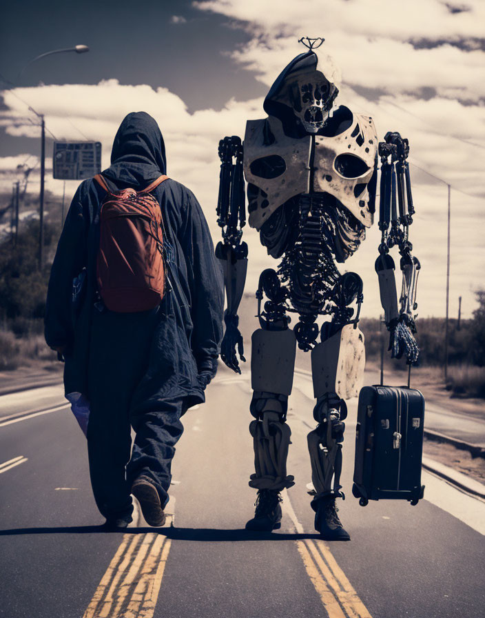 Person and humanoid skeleton robot walking with backpack and suitcase