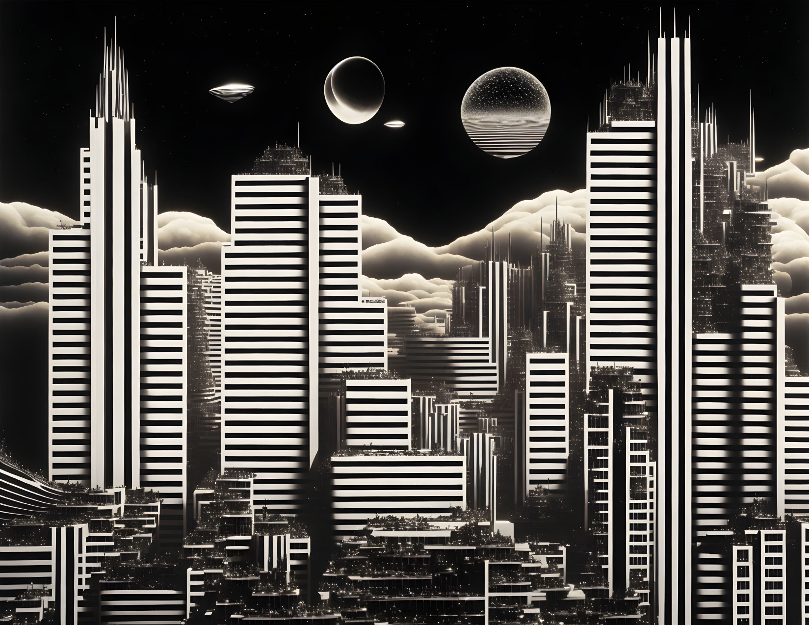 Monochromatic futuristic cityscape with skyscrapers and celestial bodies