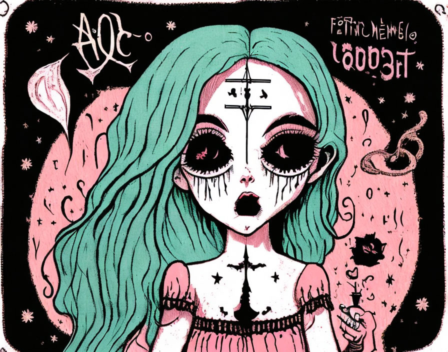 Whimsical illustration of girl with green hair and mystical symbols