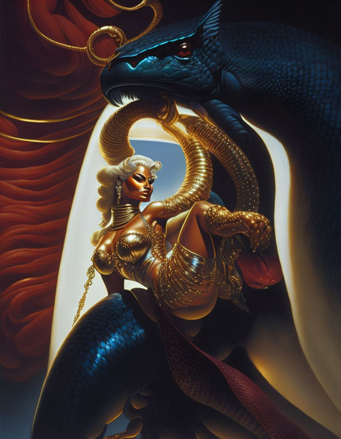 Illustration of woman in golden armor with white hair and blue serpent on fiery red background