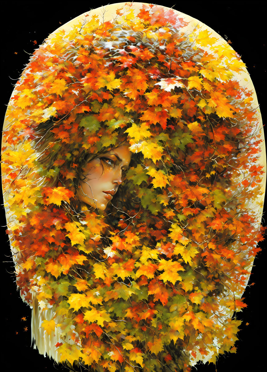 Woman's profile surrounded by vibrant autumn leaves in oval shape