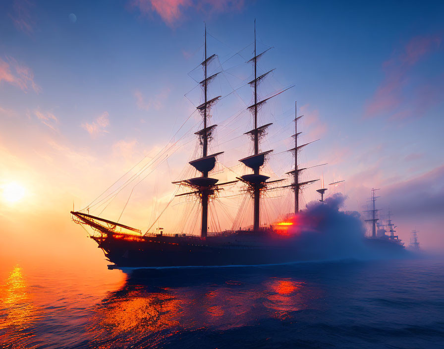 Majestic tall ship sailing at sunrise with vibrant orange skies