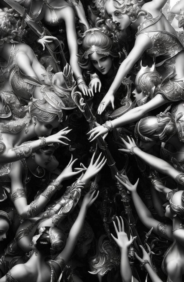 Monochromatic image of dramatic baroque-style figures