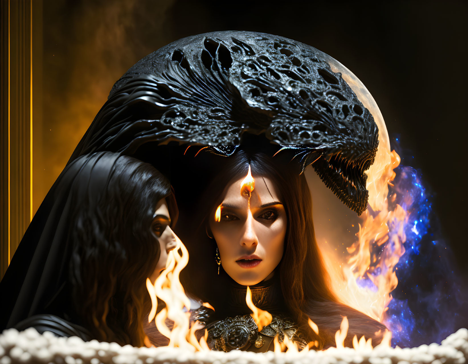 Mystical woman with ornate headgear and fiery creature in warm light